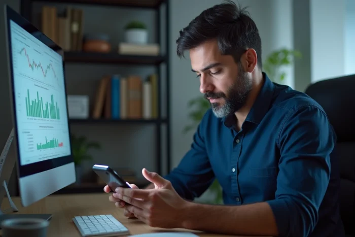 Homme consultant une application de finances personnelles sur smartphone dans un bureau à domicile