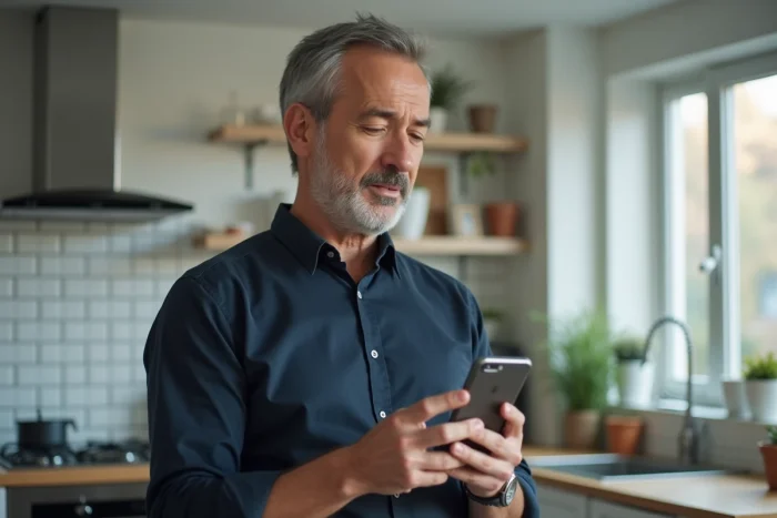 Homme consultant des avis clients sur son smartphone avant un achat en ligne