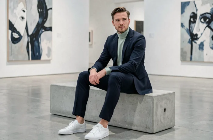 Homme en costume marine et col roulé sauge assis dans une galerie d'art contemporaine, tendances mode masculine actuelle