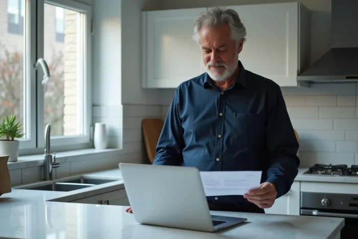 Homme consultant un courrier de suspension de compte Cetelem sur ordinateur portable dans une cuisine moderne