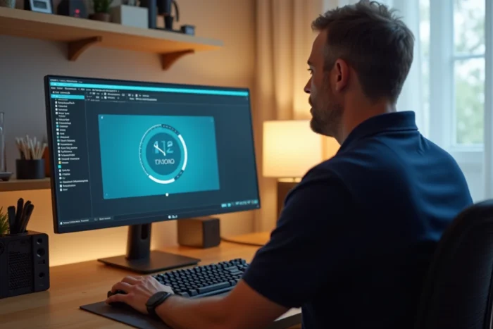Homme pratiquant des exercices de dactylographie pour le CAP RLA sur un bureau ergonomique à la maison