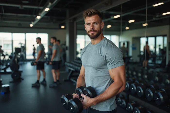 Homme choisissant des haltères dans une salle de musculation pour reprendre une activité physique avec un forfait mensuel