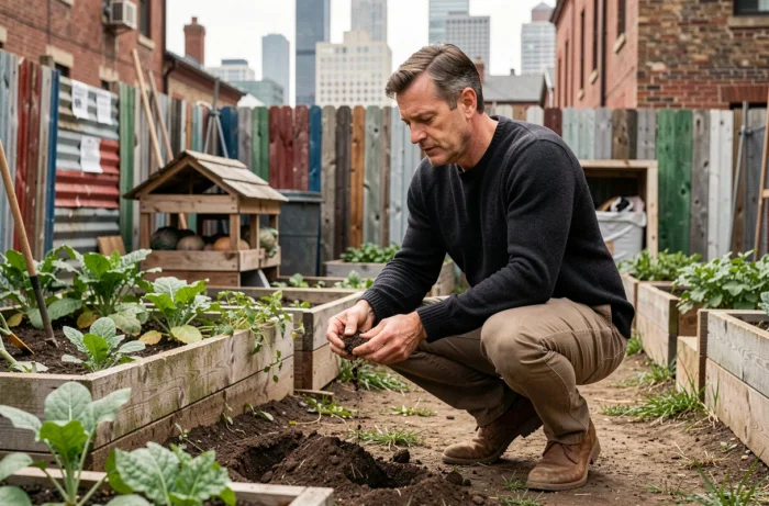 Homme examinant la terre d'un jardin communautaire urbain dans le cadre d'une gestion responsable des ressources locales