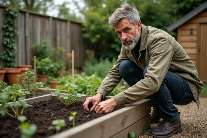Homme jardinant dans un potager surélevé en bois, activité de jardinage comme loisir relaxant en plein air