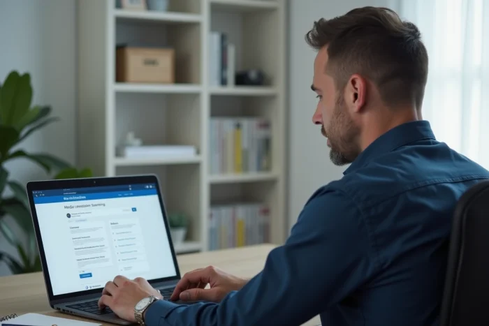 Homme paramétrant une alerte Doctolib sur son ordinateur portable dans un bureau à domicile pour surveiller les disponibilités de rendez-vous