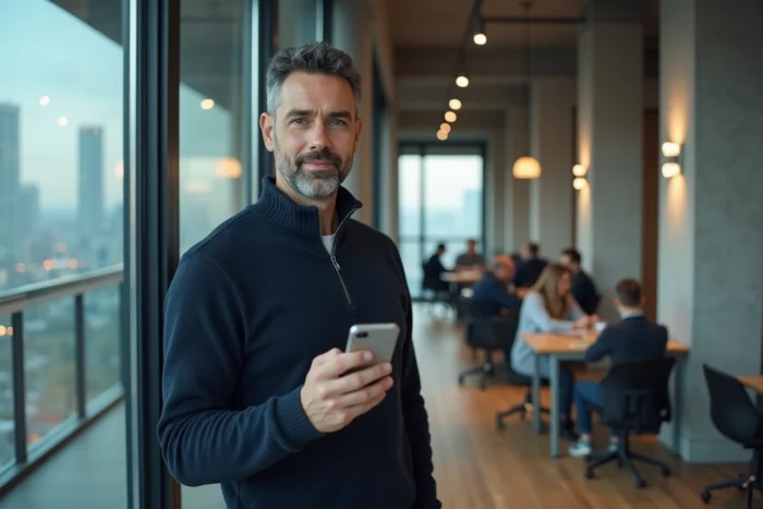Homme consultant une plateforme d'investissement immobilier en ligne sur smartphone dans un espace de coworking