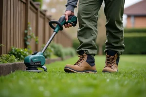 Homme utilisant un rotofil électrique pour border une pelouse dans un jardin résidentiel