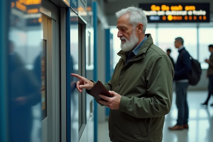 Senior homme utilisant une borne SNCF en gare pour renouveler sa carte Avantage