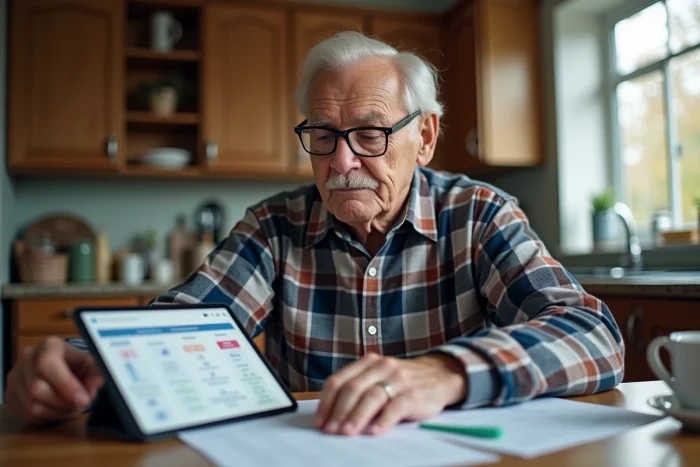 Un homme âgé compare les prix des appareils auditifs Audika sur une tablette et des documents imprimés dans sa cuisine