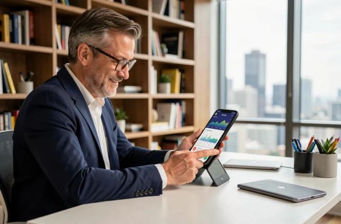 Homme d'affaires en blazer marine utilisant un smartphone pliable avec tableau de bord analytique dans un bureau moderne, tendances technologiques 2024