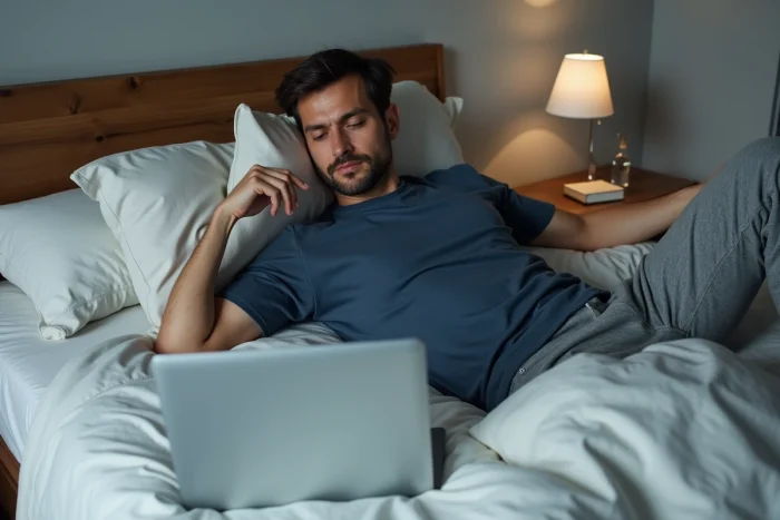 Homme parcourant une plateforme de streaming de films sur un laptop dans une chambre cosy avec draps blancs