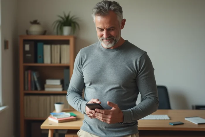 Homme vérifiant l'état de livraison Damart sur son smartphone dans un bureau à domicile