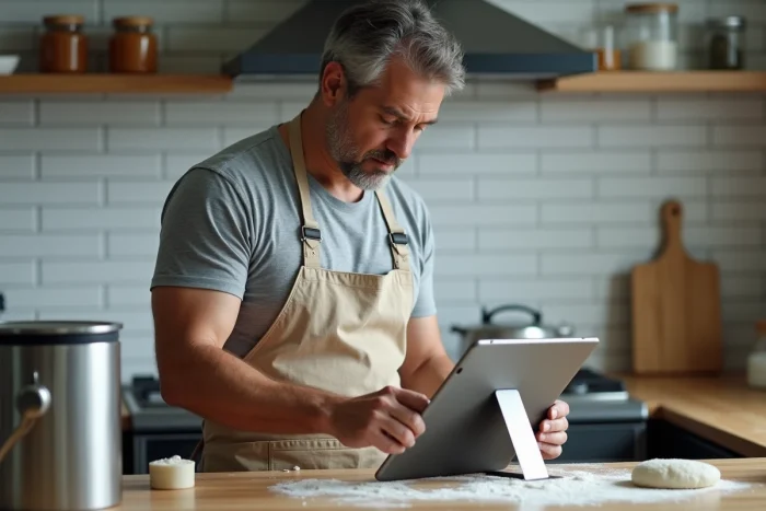 Homme en tablier consultant un sitemap de blog culinaire sur une tablette dans une cuisine professionnelle avec des ingrédients de boulangerie
