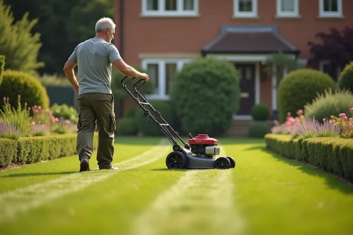 Homme d'âge mûr utilisant une tondeuse thermique pour entretenir une pelouse striée dans un jardin de banlieue bien soigné