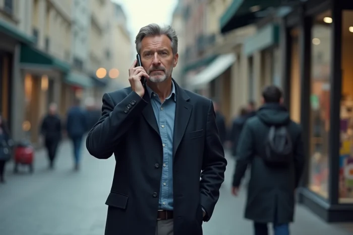 Homme en ville tenant son téléphone après avoir reçu un appel manqué dans la rue