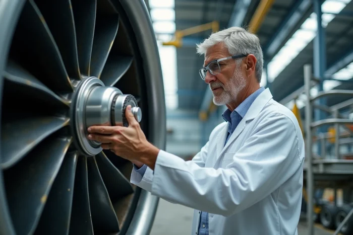 Ingénieur aéronautique inspectant un moteur à réaction dans un hangar de maintenance d'avion high-tech
