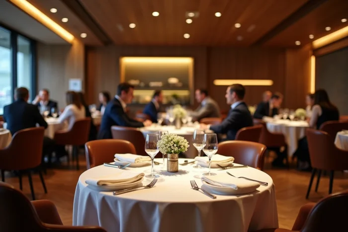 Salle à manger raffinée du restaurant Dubraz avec tables en lin et ambiance chaleureuse