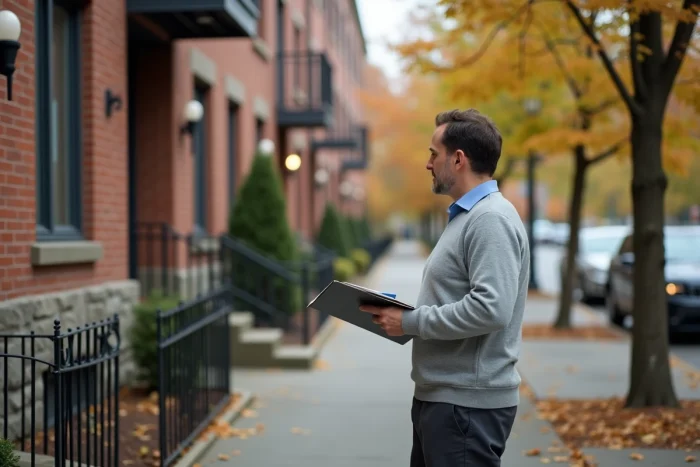 Investisseur immobilier inspectant la façade d'un immeuble rénové dans une rue résidentielle en automne