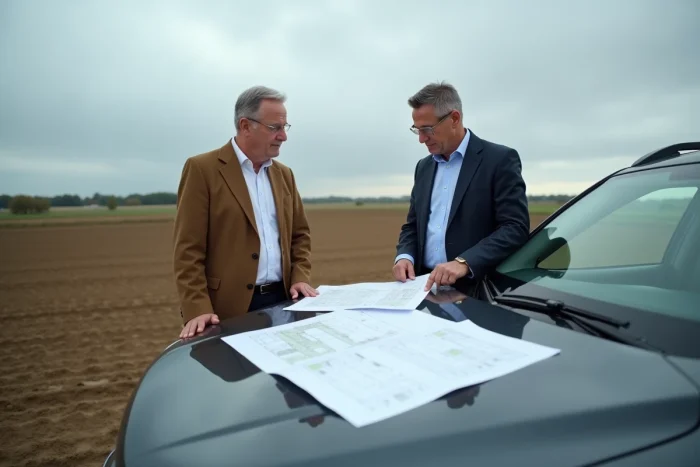 Deux investisseurs immobiliers consultant des documents cadastraux sur un terrain agricole lors d'une visite de site
