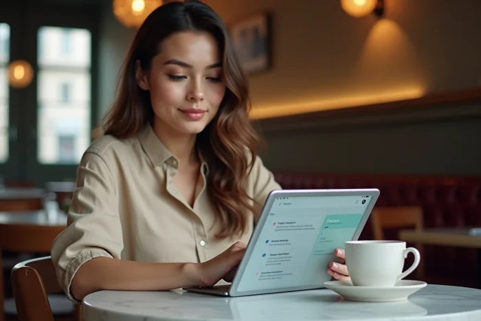 Jeune femme configurant une alerte Doctolib sur une tablette dans un café pour surveiller les créneaux disponibles chez son médecin