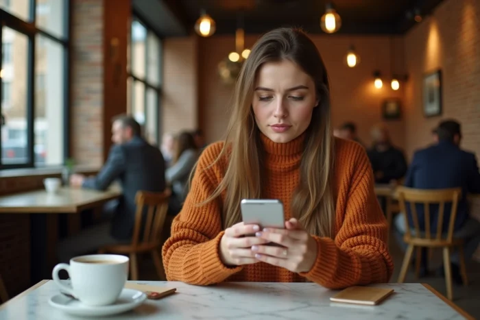 Jeune femme dans un café consultant l'historique de ses appels manqués sur son téléphone