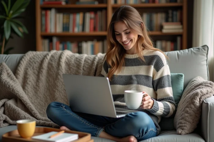 Jeune femme explorant un sitemap de blog de recettes sur un ordinateur portable depuis son canapé avec une tasse de thé et des livres de cuisine