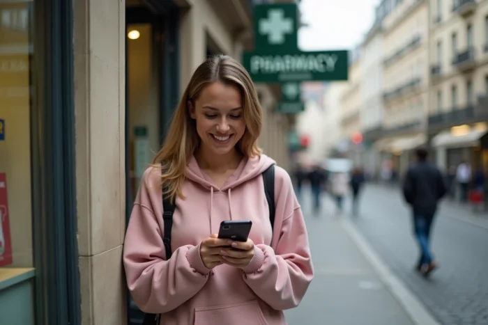 Jeune femme recevant une alerte Doctolib sur son téléphone dans une rue parisienne près d'une pharmacie pour un rendez-vous disponible