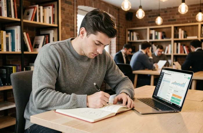 Jeune professionnel concentré développant ses compétences et évaluant ses talents dans un espace de coworking