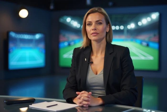 Journaliste sportive assise à un bureau de plateau télévisé, microphone devant elle, exprimant une réflexion sur le débat autour de la liberté du corps dans le sport féminin