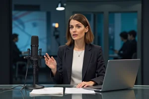 Journaliste femme présentant un journal télévisé alternatif sur un plateau de news indépendant en France