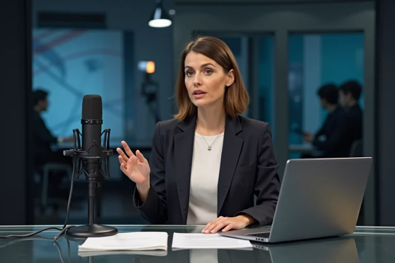 Journaliste femme présentant un journal télévisé alternatif sur un plateau de news indépendant en France