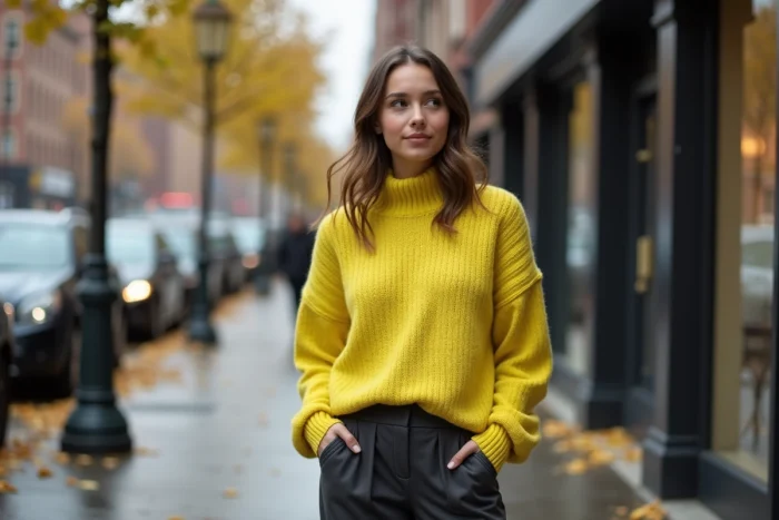 Jeune femme portant un pull en maille lemon grass jaune-vert dans une rue urbaine en automne, illustrant la couleur vive inattendue de la tendance automne hiver 2025