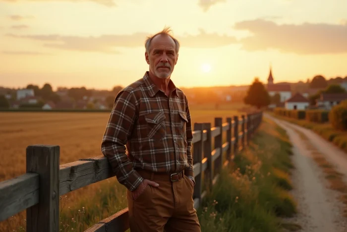 Homme debout à la lisière d'un village périurbain français avec champs agricoles et lotissement en arrière-plan