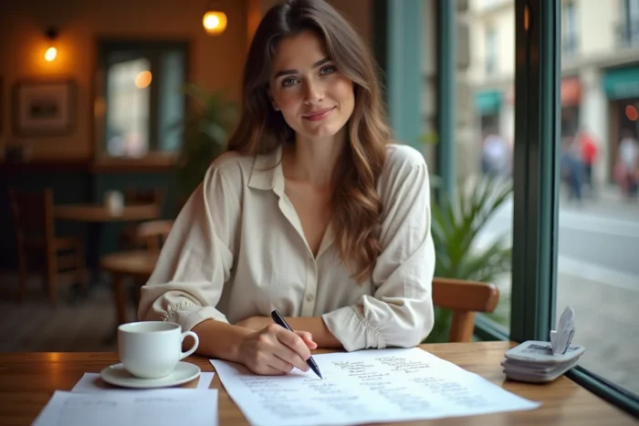 Femme finalisant la liste d'invités de mariage sur papier dans un café avant de choisir le lieu