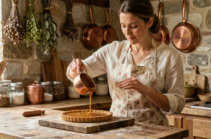 Femme versant du caramel doré sur une tarte rustique dans une cuisine de ferme française authentique