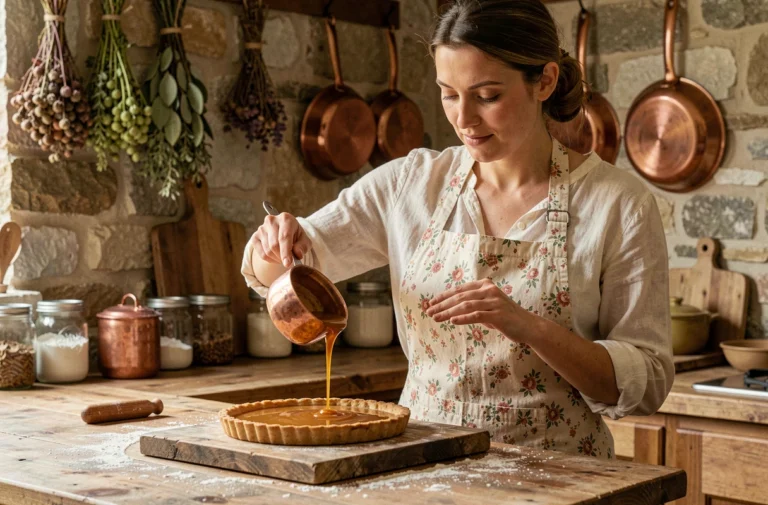 Femme versant du caramel doré sur une tarte rustique dans une cuisine de ferme française authentique