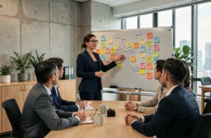 Manager en blazer marine présentant un plan de développement des talents à son équipe devant un tableau blanc dans un bureau moderne
