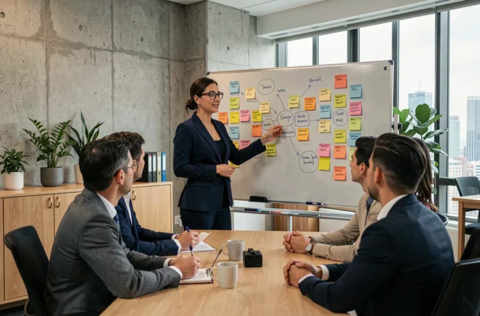 Manager en blazer marine présentant un plan de développement des talents à son équipe devant un tableau blanc dans un bureau moderne