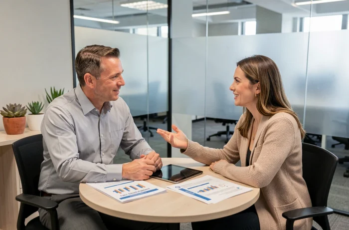 Séance de mentorat entre un manager expérimenté et une collaboratrice pour révéler et valoriser les talents en entreprise