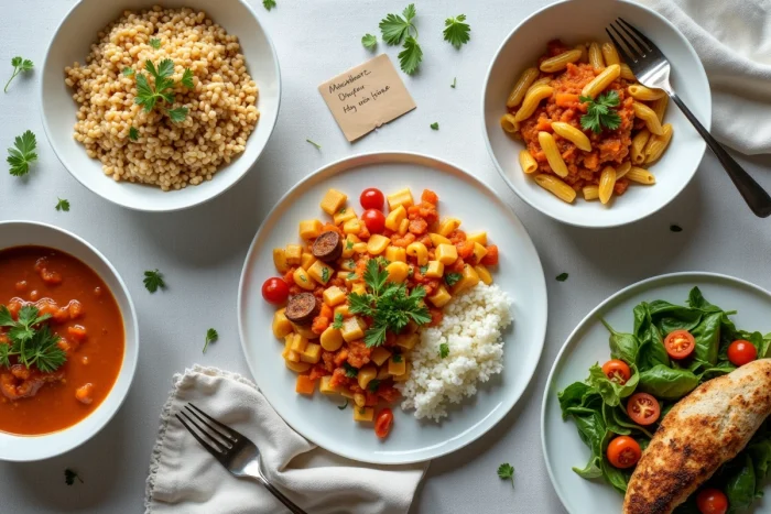 Vue aérienne de cinq repas variés représentant un menu hebdomadaire équilibré et savoureux sur une table familiale