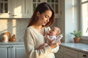 Mère tenant un biberon d'eau minérale pour soulager la constipation de son bébé dans une cuisine moderne