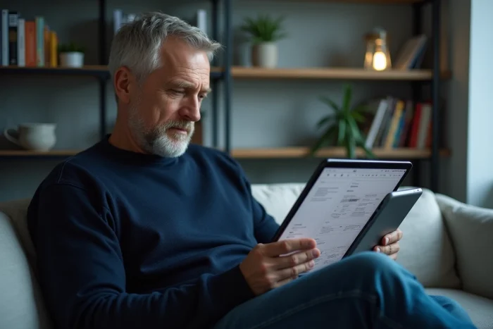 Homme naviguant sur le sitemap d'un site web via une tablette dans un espace de travail à domicile