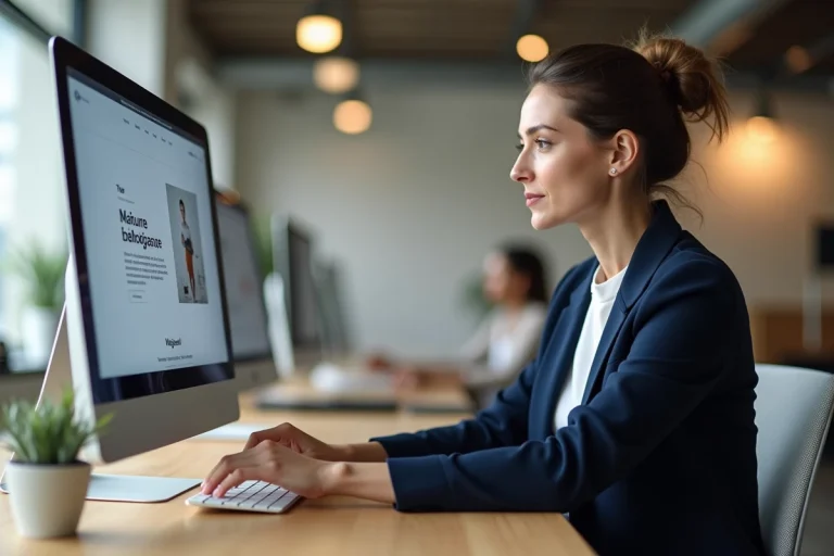 Femme professionnelle naviguant sur la structure d'un site web bien organisé depuis un bureau moderne