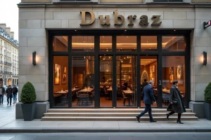Façade moderne du restaurant Dubraz à Genève avec des clients élégants approchant l'entrée