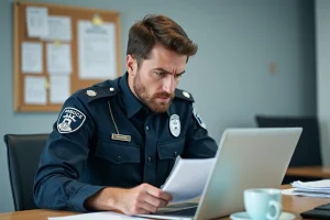 Officier de police nationale en uniforme consultant un ordinateur portable dans un bureau administratif, visage concentré face à un écran affichant un message d'accès refusé
