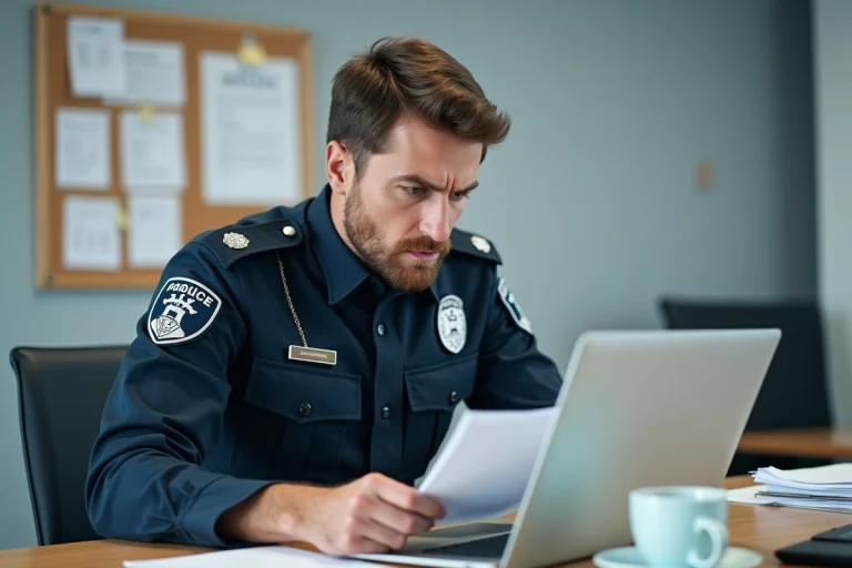 Officier de police nationale en uniforme consultant un ordinateur portable dans un bureau administratif, visage concentré face à un écran affichant un message d'accès refusé