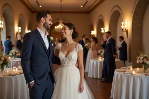 Mariés souriants dans une salle de réception élégante décorée pour un mariage parfait
