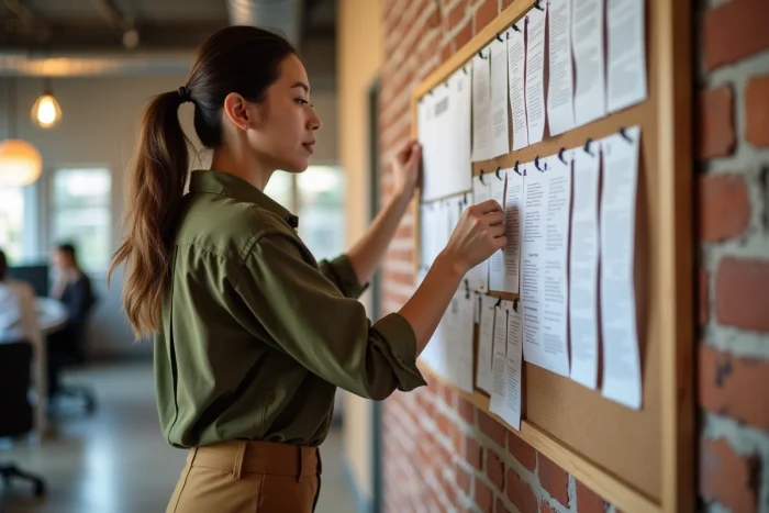 Jeune femme organisant l'architecture d'un sitemap web sur un tableau liège dans un espace de coworking