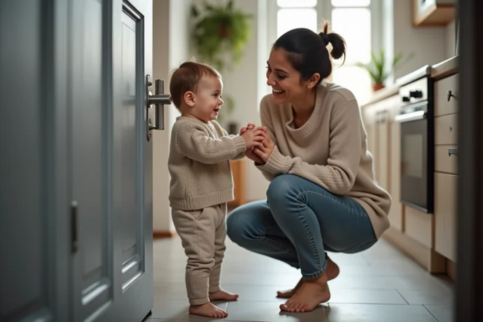 Maman aidant son bébé de 20 mois à appuyer sur une poignée de porte à levier dans un appartement moderne, moment de complicité parent-enfant