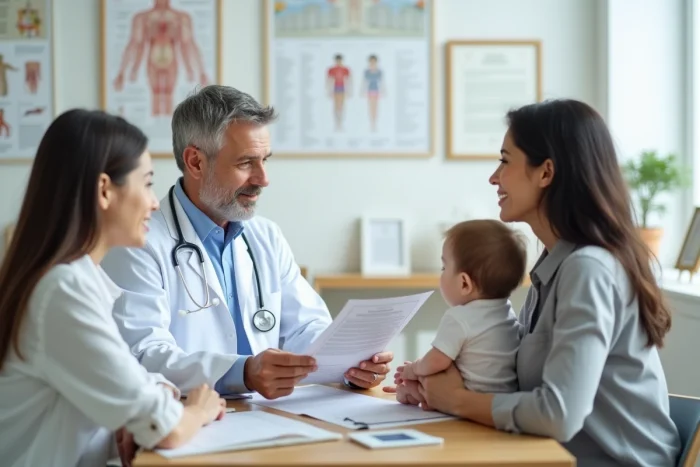 Pédiatre conseillant des parents sur la constipation du nourrisson lors d'une consultation médicale